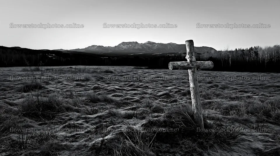 A wooden whitewashed cross stands in a winter meadow – flower stock photos 10608x5938