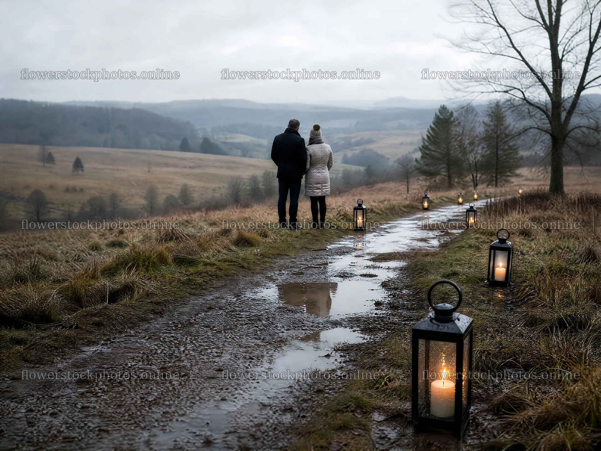 Couple walking along a meadow path with lanterns at Christmas – flower stock photos 9166x6874