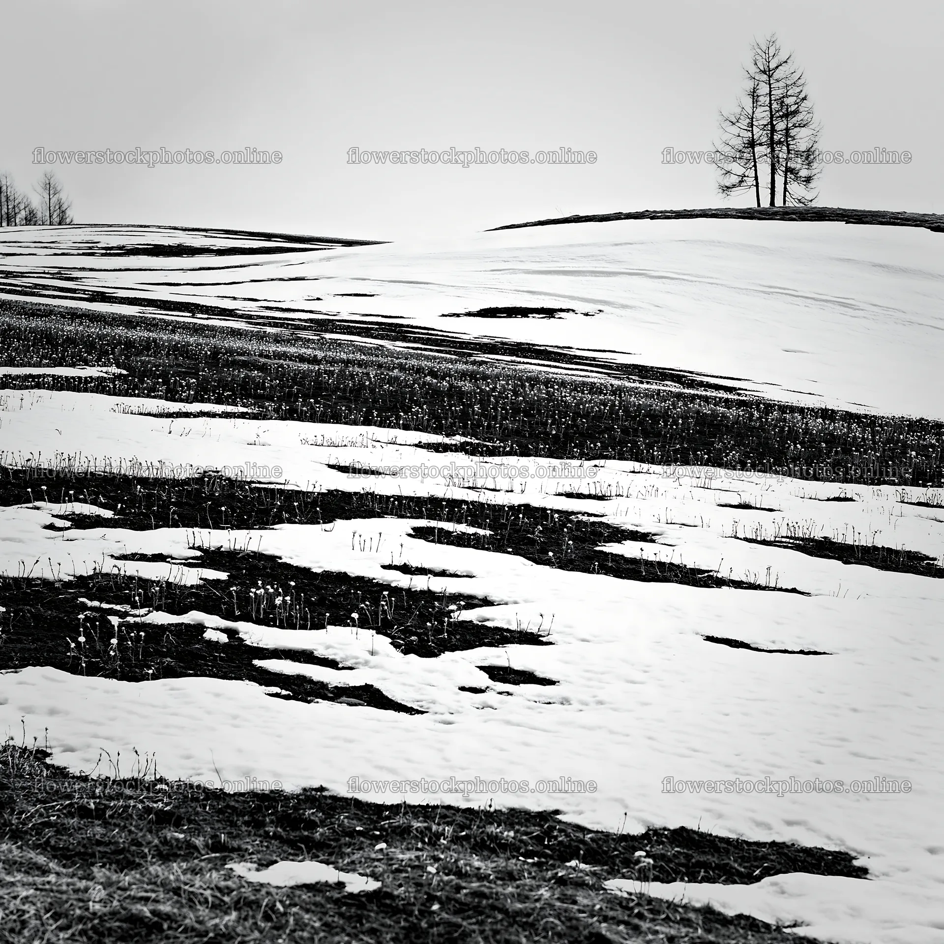 Snow covered Biei hills meadow with patches of yellow flowers – flower stock photos 7938x7938