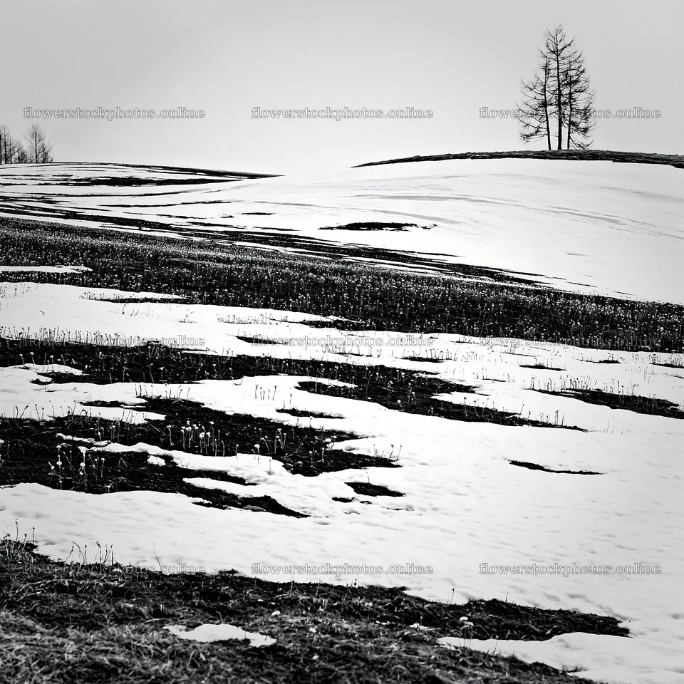 Snow covered Biei hills meadow with patches of yellow flowers – flower stock photos 7938x7938